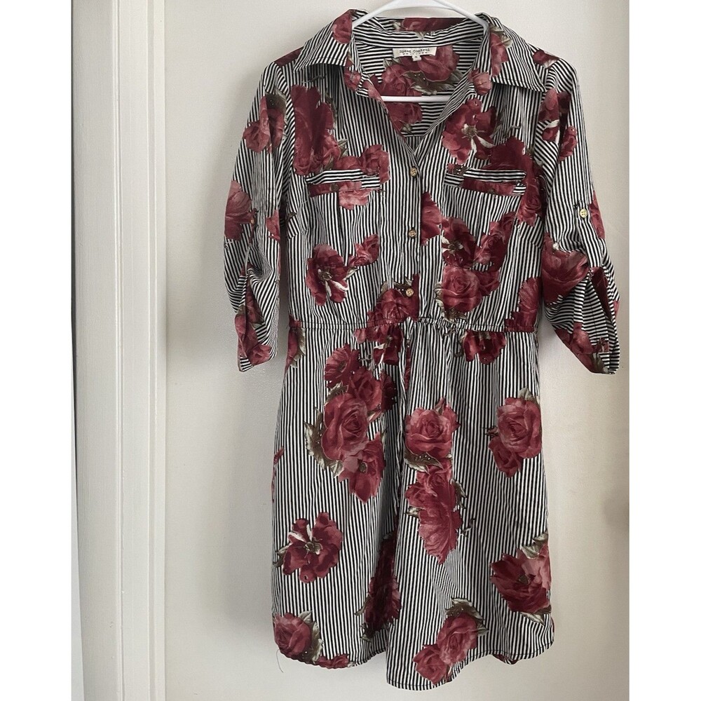 Speed Control New York Striped Floral Blouson Dress 3/4 Sleeve Collared S